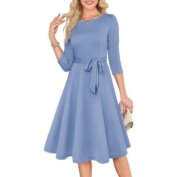 Women's Dusty Blue 3/4 Sleeve Vintage Flattering A-line Vintage Cocktail Dresses - Picture 2 of 5